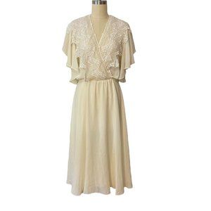 Vtg Ursula of Switzerland Ivory Wedding Dress Chiffon Lace V Neck Tie sz 7/8 EUC